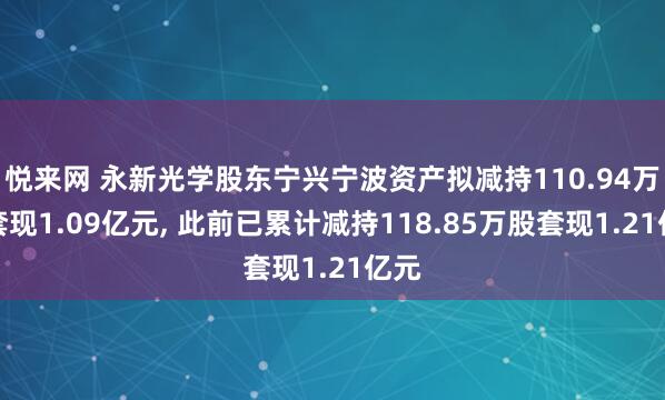 悦来网 永新光学股东宁兴宁波资产拟减持110.94万股套现1.09亿元, 此前已累计减持118.85万股套现1.21亿元